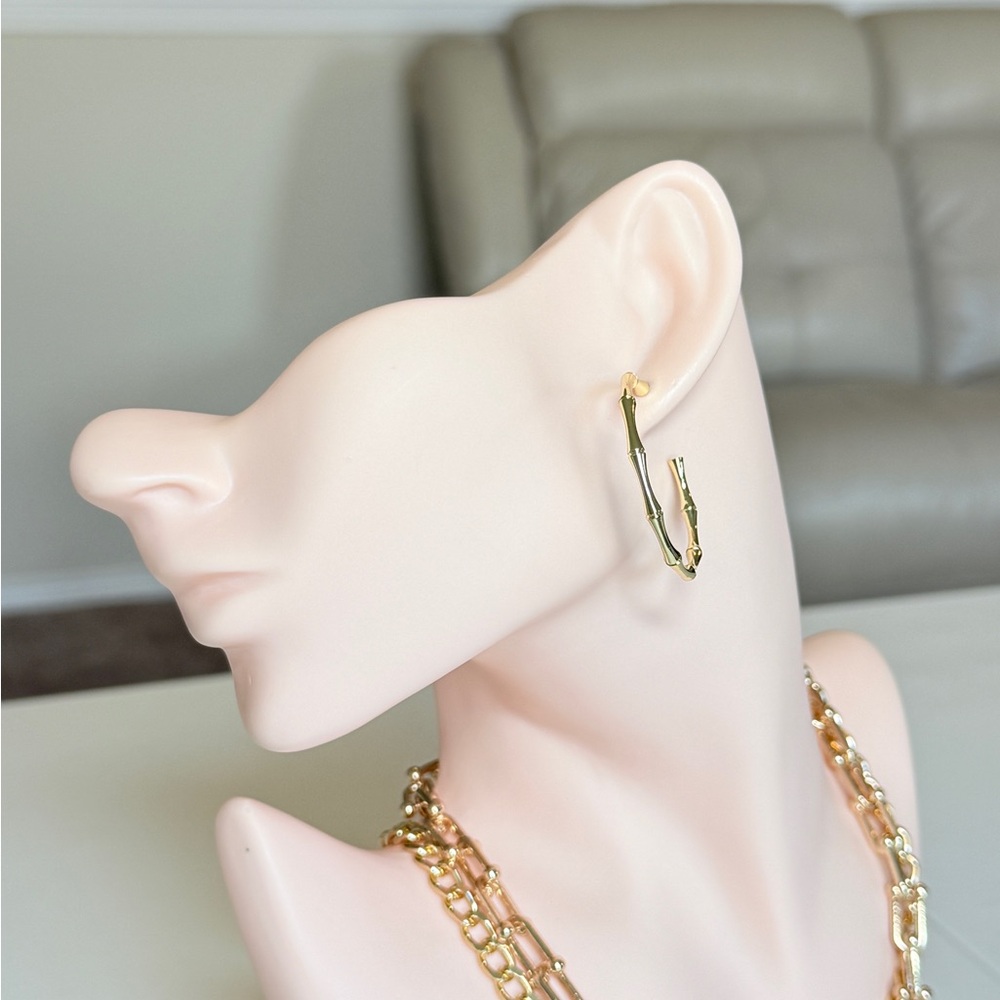 Gold Bamboo Design Hoop Earrings - Women Jewelry